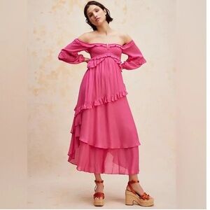 Spell & The Gypsy Dress Clementine Midi Ruffle Tiered Mermaid in Flamingo Pink